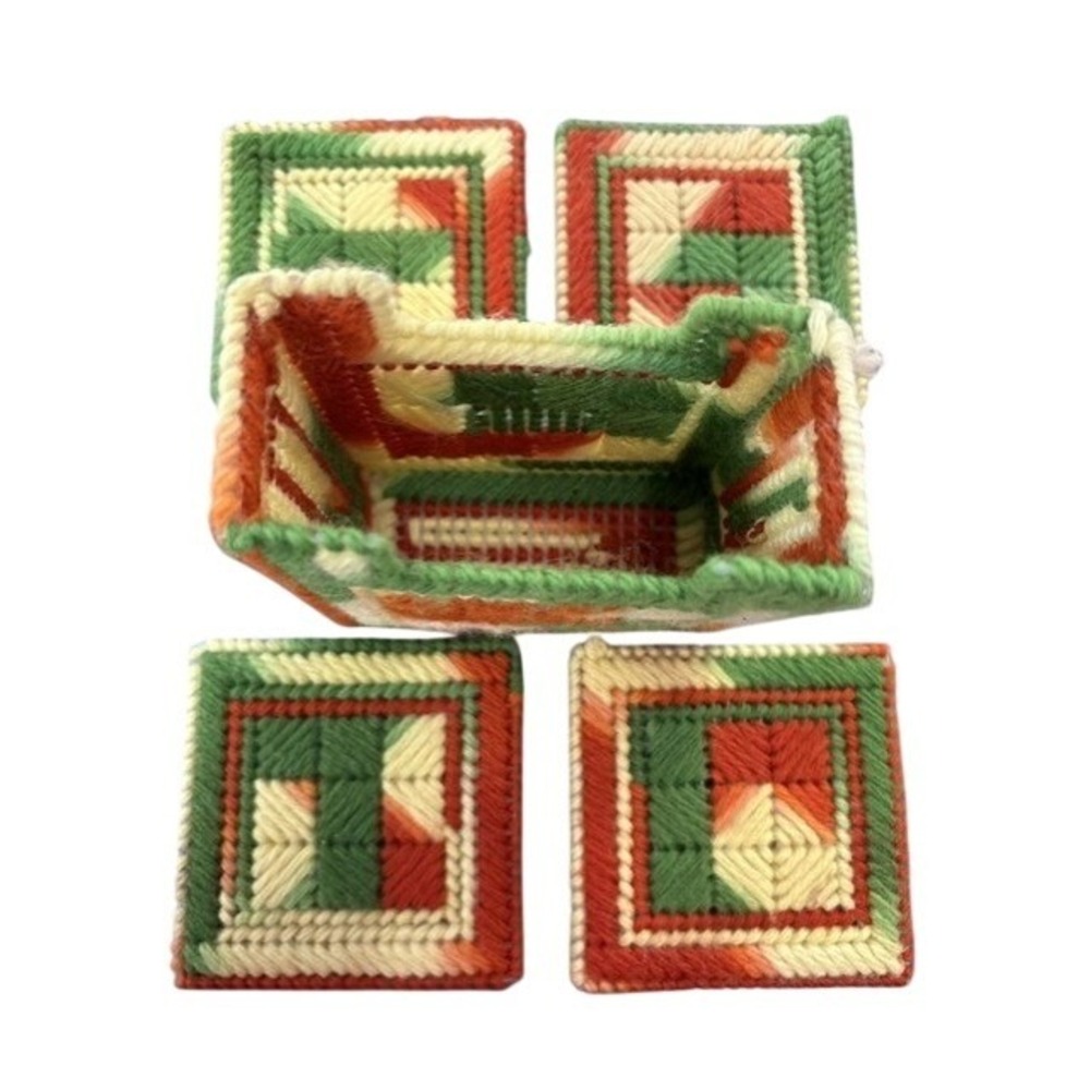 Vintage Handmade Plastic Canvas‎ Coaster Set with Holder Orange Green Geometric